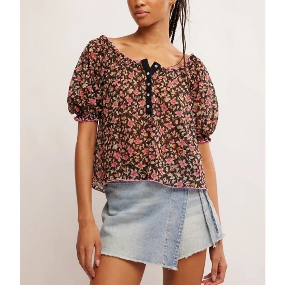 Free People Astra Peasant Top Black Pink Floral Puff Sleeve Small
